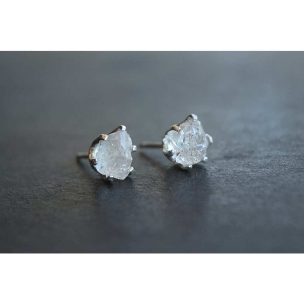 Sterling silver stud earrings, alternative diamond, uncut natural gemsto…